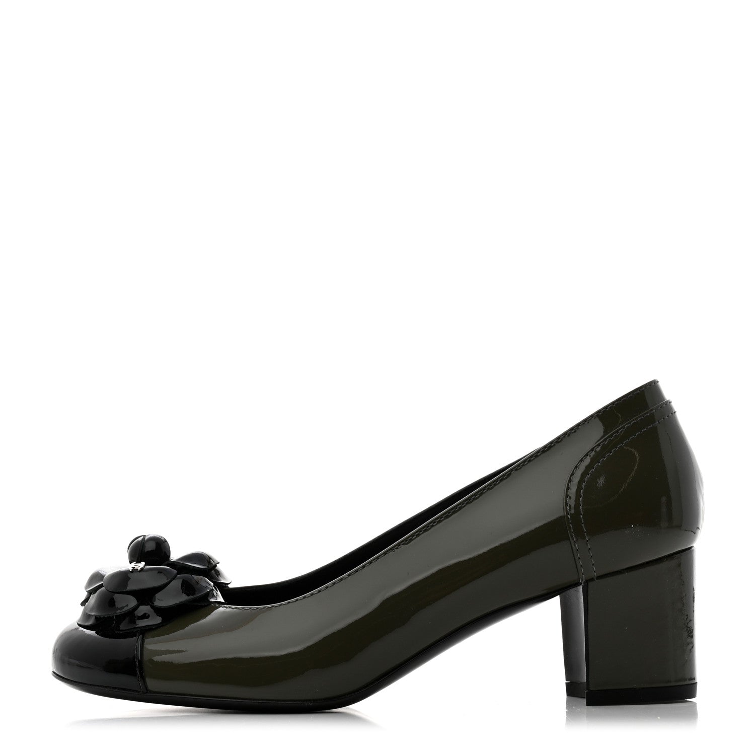 Chanel Patent Calfskin Camellia CC Cap Toe Pumps 36.5 Green Black 1 of 16