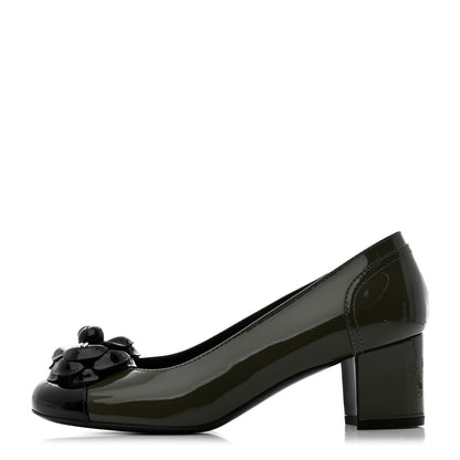 Chanel Patent Calfskin Camellia CC Cap Toe Pumps 36.5 Green Black 1 of 16