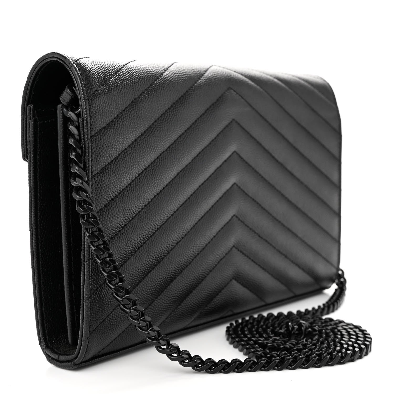 Saint Laurent Grain De Poudre Matelasse Chevron Monogram Monochrome Chain Wallet Black 3 of 12
