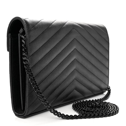 Saint Laurent Grain De Poudre Matelasse Chevron Monogram Monochrome Chain Wallet Black 3 of 12