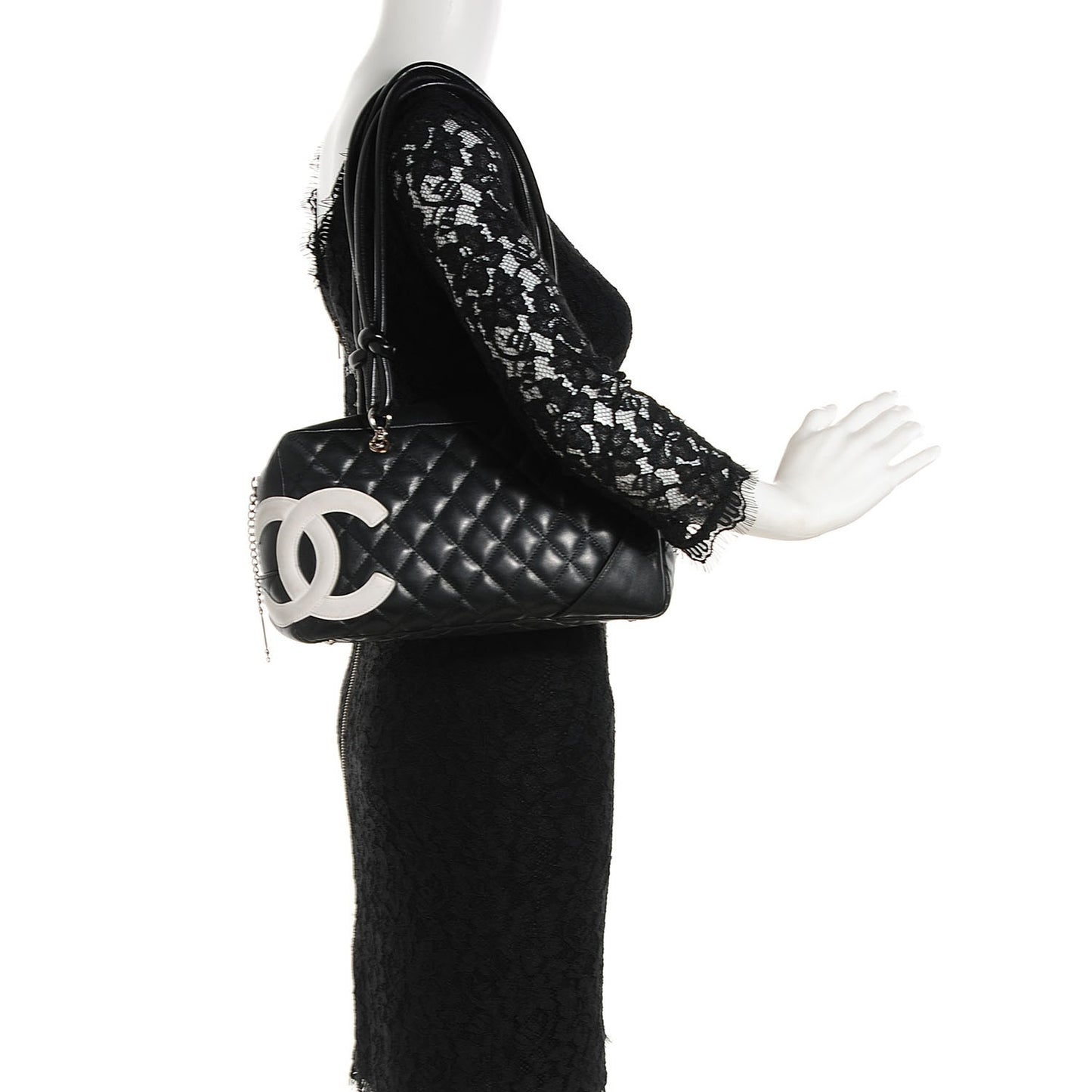 Calfskin Quilted Large Cambon Bowler Black White