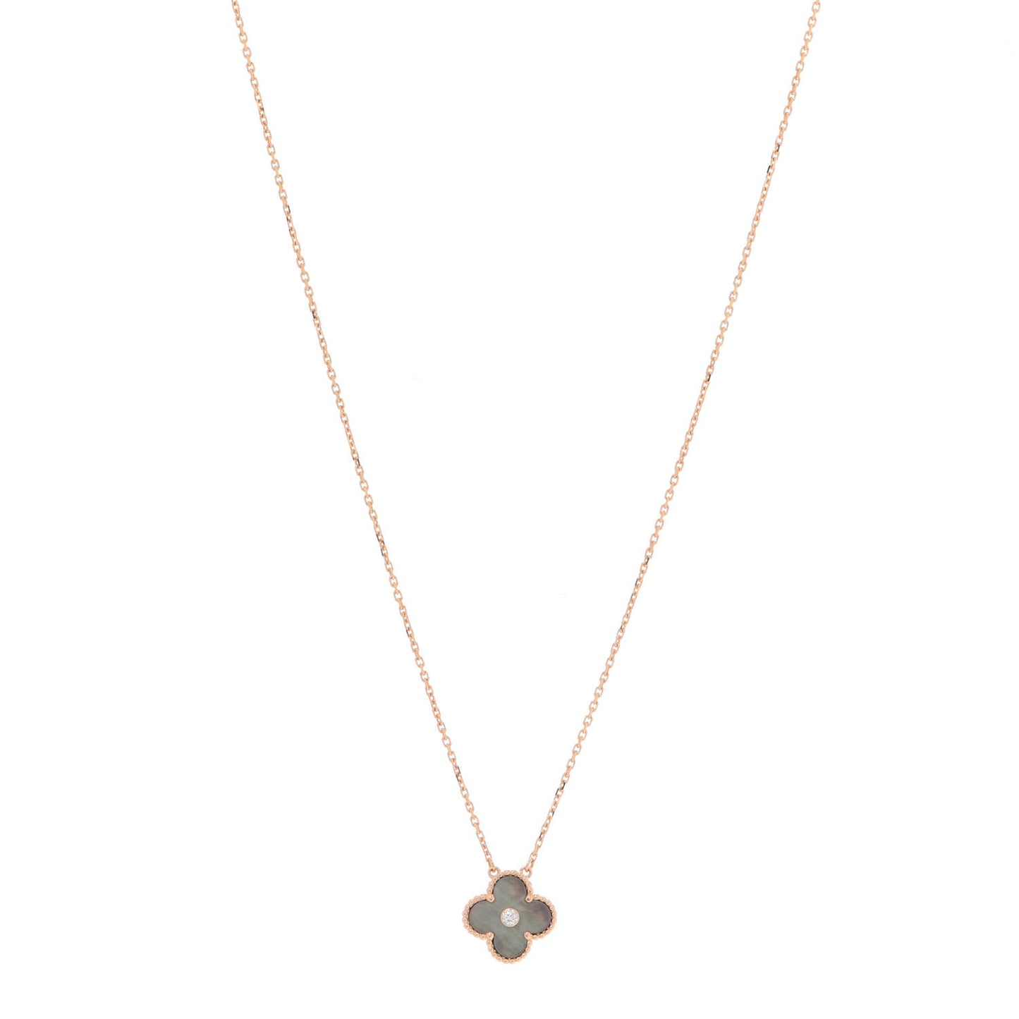 18K Rose Gold Diamond Grey Mother of Pearl Vintage Alhambra Pendant Necklace