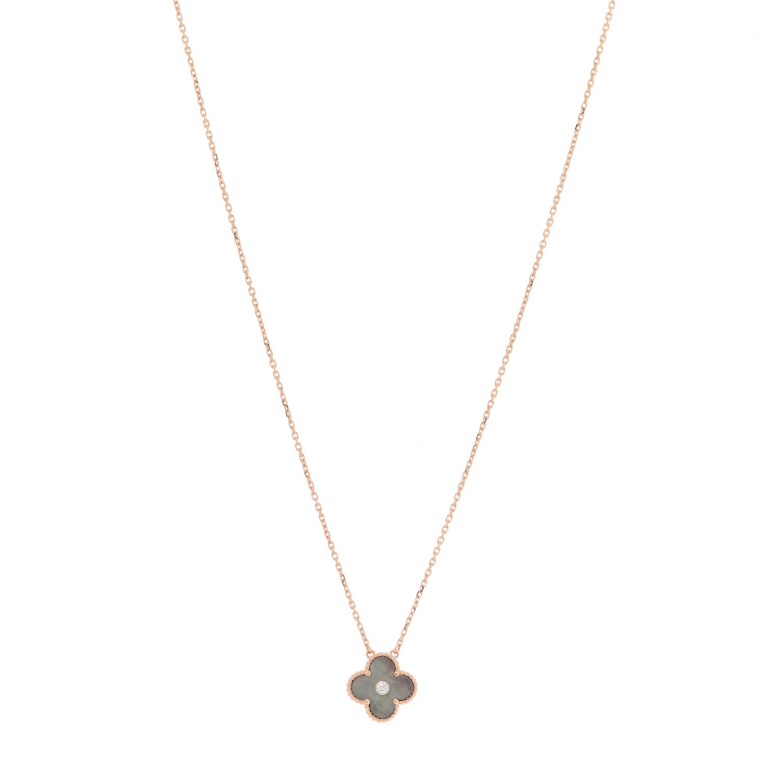 Van Cleef & Arpels 18K Rose Gold Diamond Grey Mother of Pearl Vintage Alhambra Pendant Necklace 1 of 5