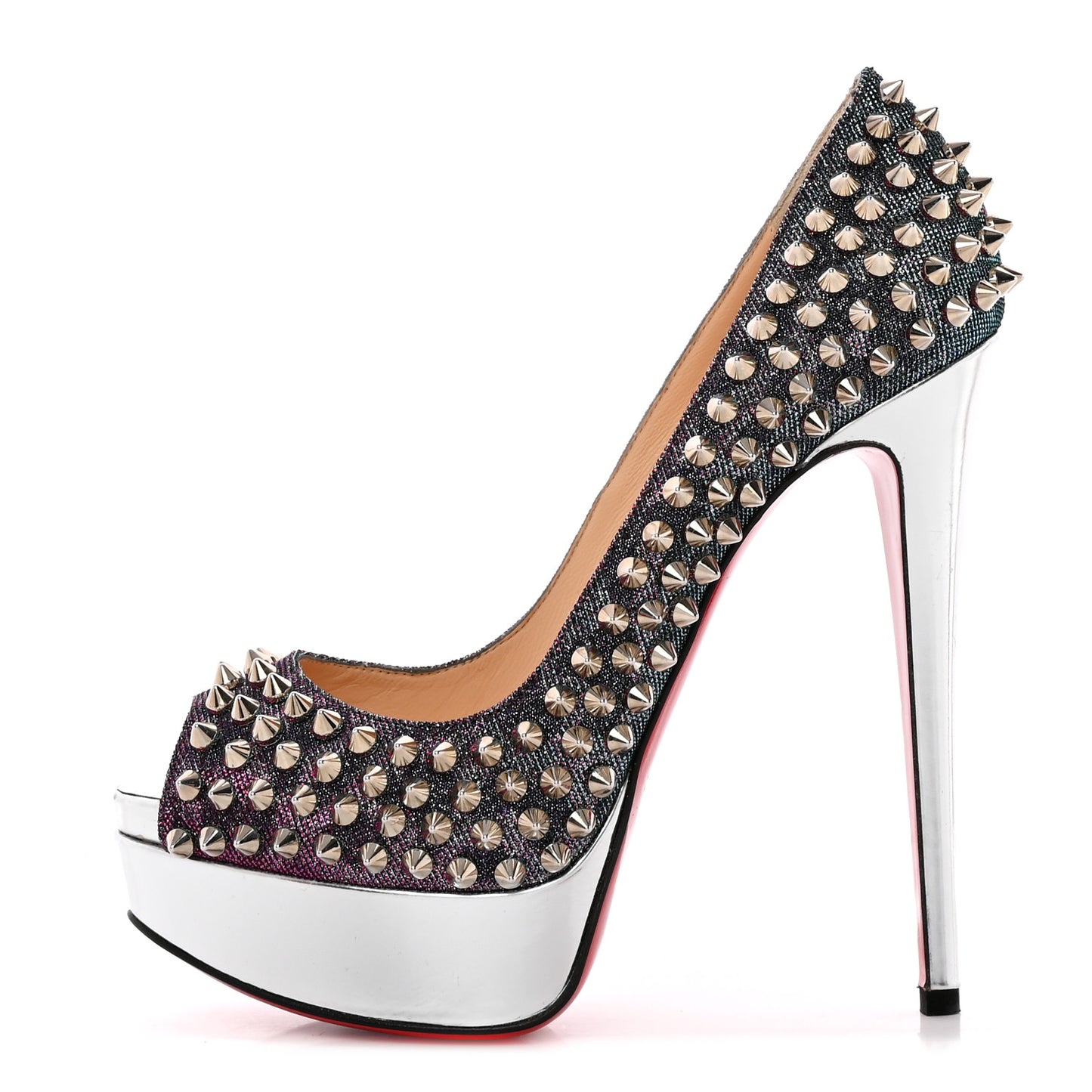 Lame Satin Lady Peep Spikes 150 Pumps 36 Turquoise Violet Silver