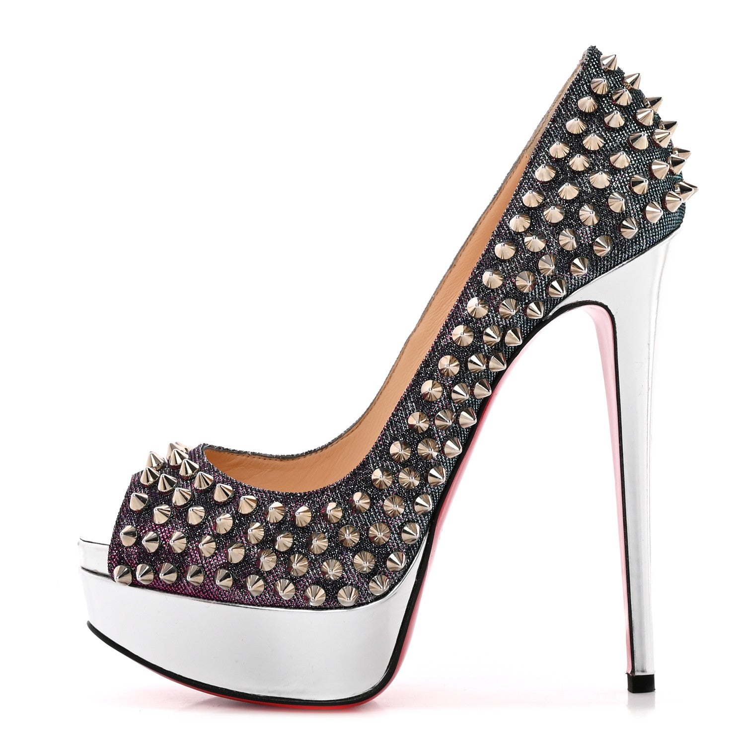 Christian Louboutin Lame Satin Lady Peep Spikes 150 Pumps 36 Turquoise Violet Silver 1 of 13