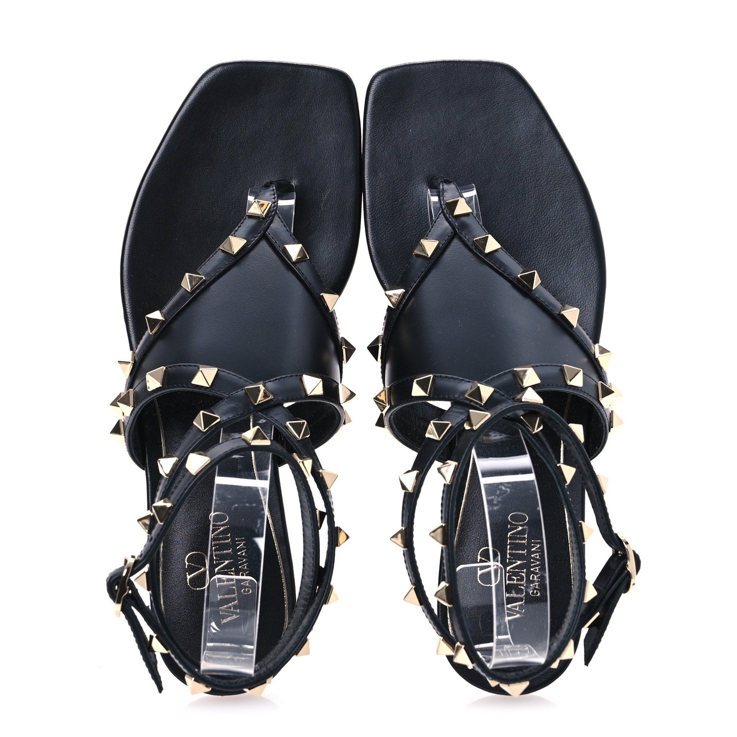 Calfskin Rockstud Ankle Wrap Flat Thong Sandals 37 Black