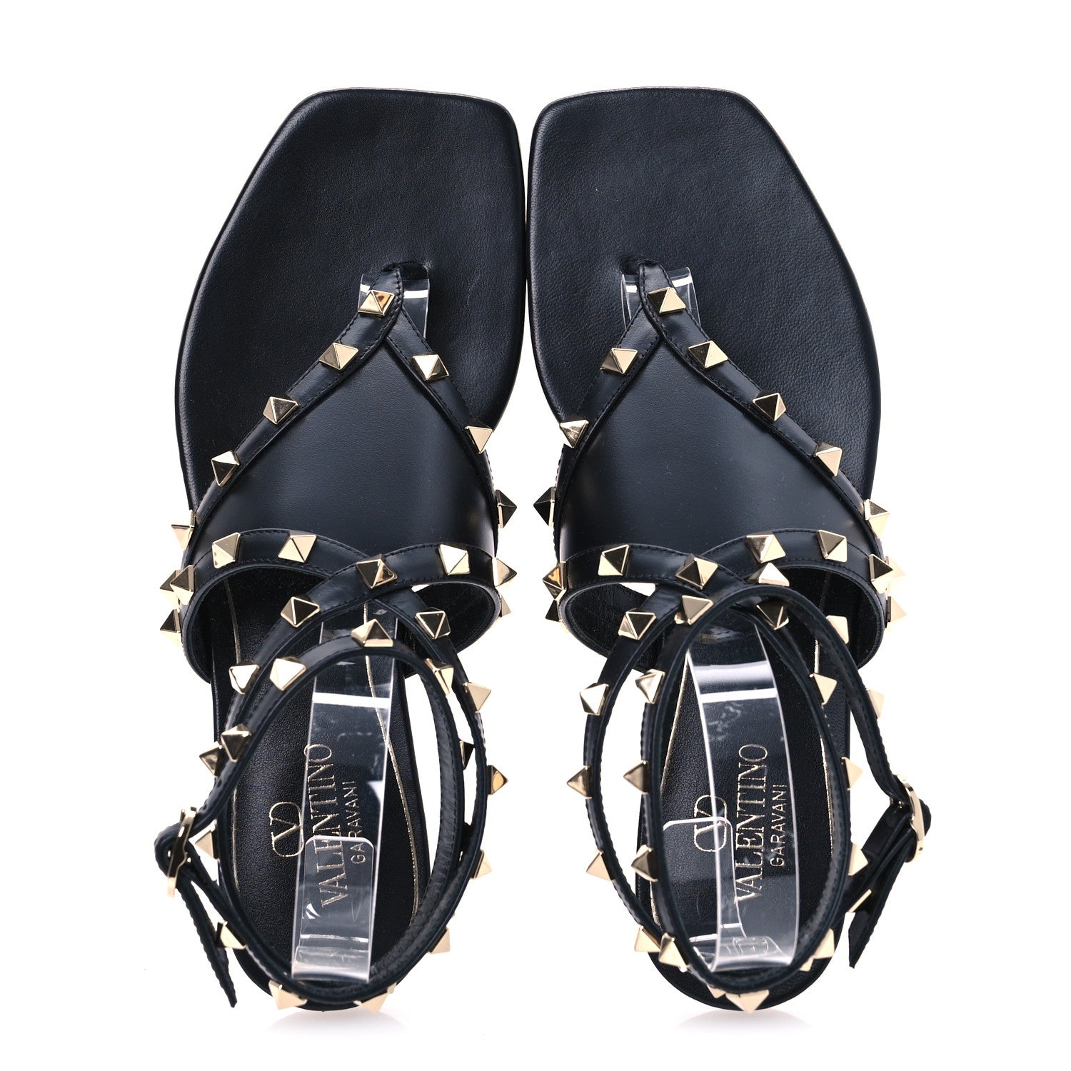 Valentino Garavani Calfskin Rockstud Ankle Wrap Flat Thong Sandals 37 Black 2 of 10