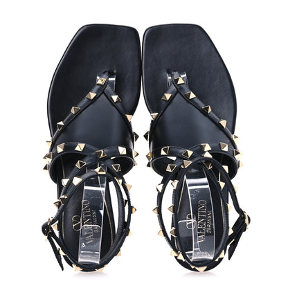 Valentino Garavani Calfskin Rockstud Ankle Wrap Flat Thong Sandals 37 Black 2 of 10