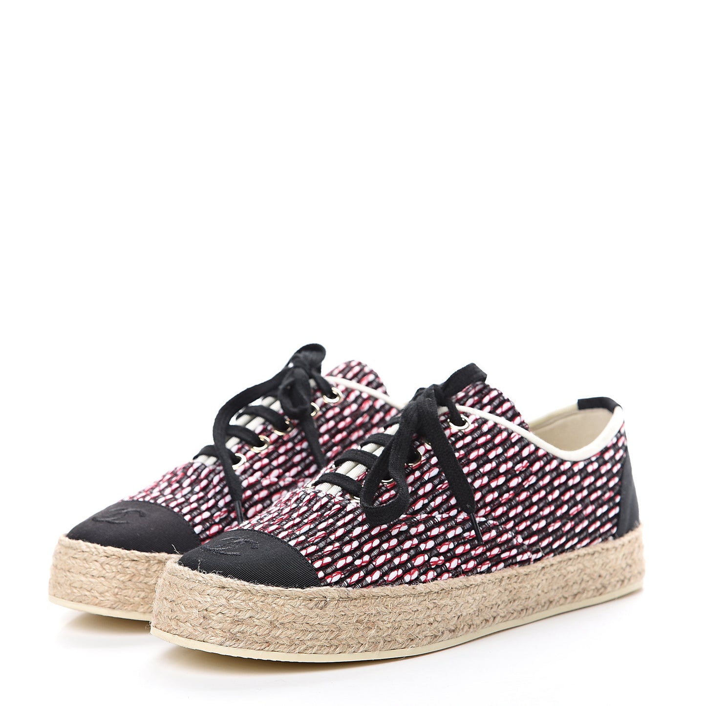 Tweed Grosgrain Lace Up Espadrilles 37 Red White Black