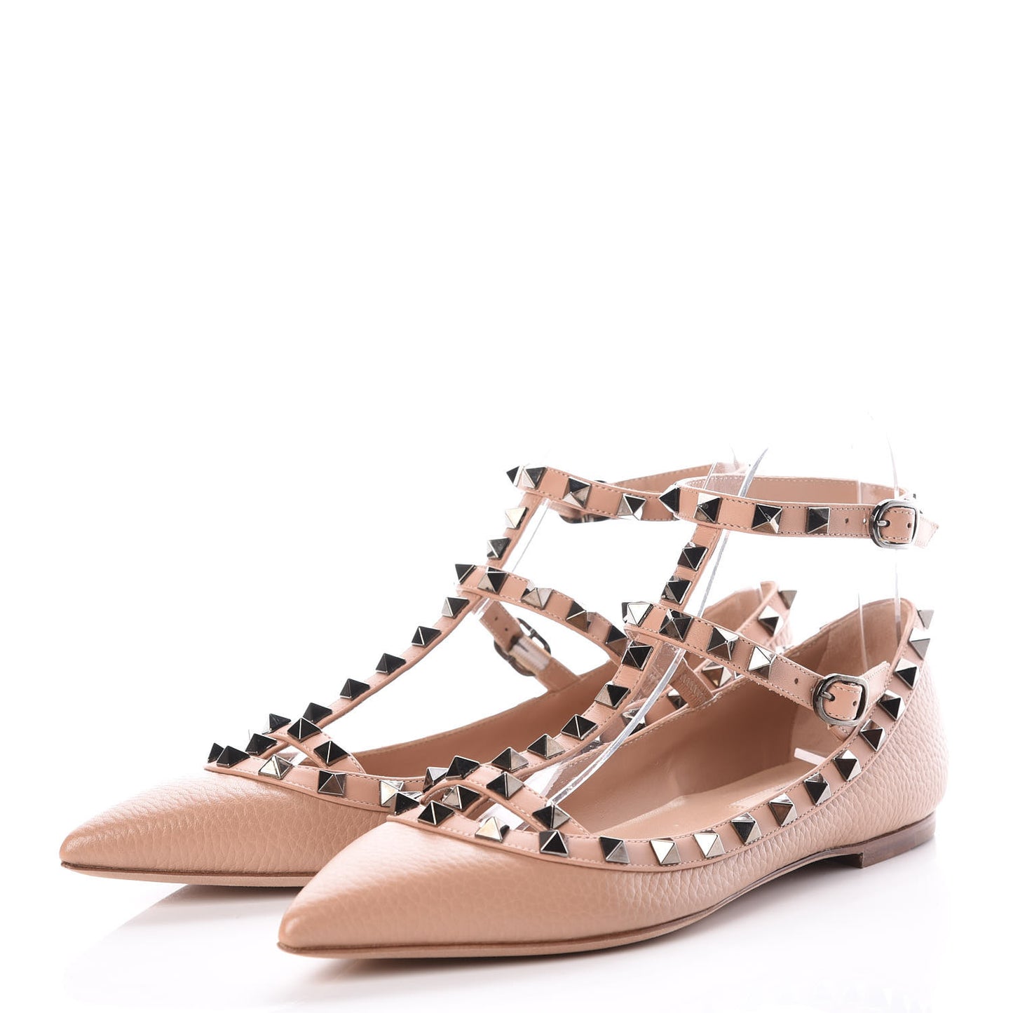 Pebbled Calfskin Rockstud Cage Ballerina Flats 36 Soft Noisette
