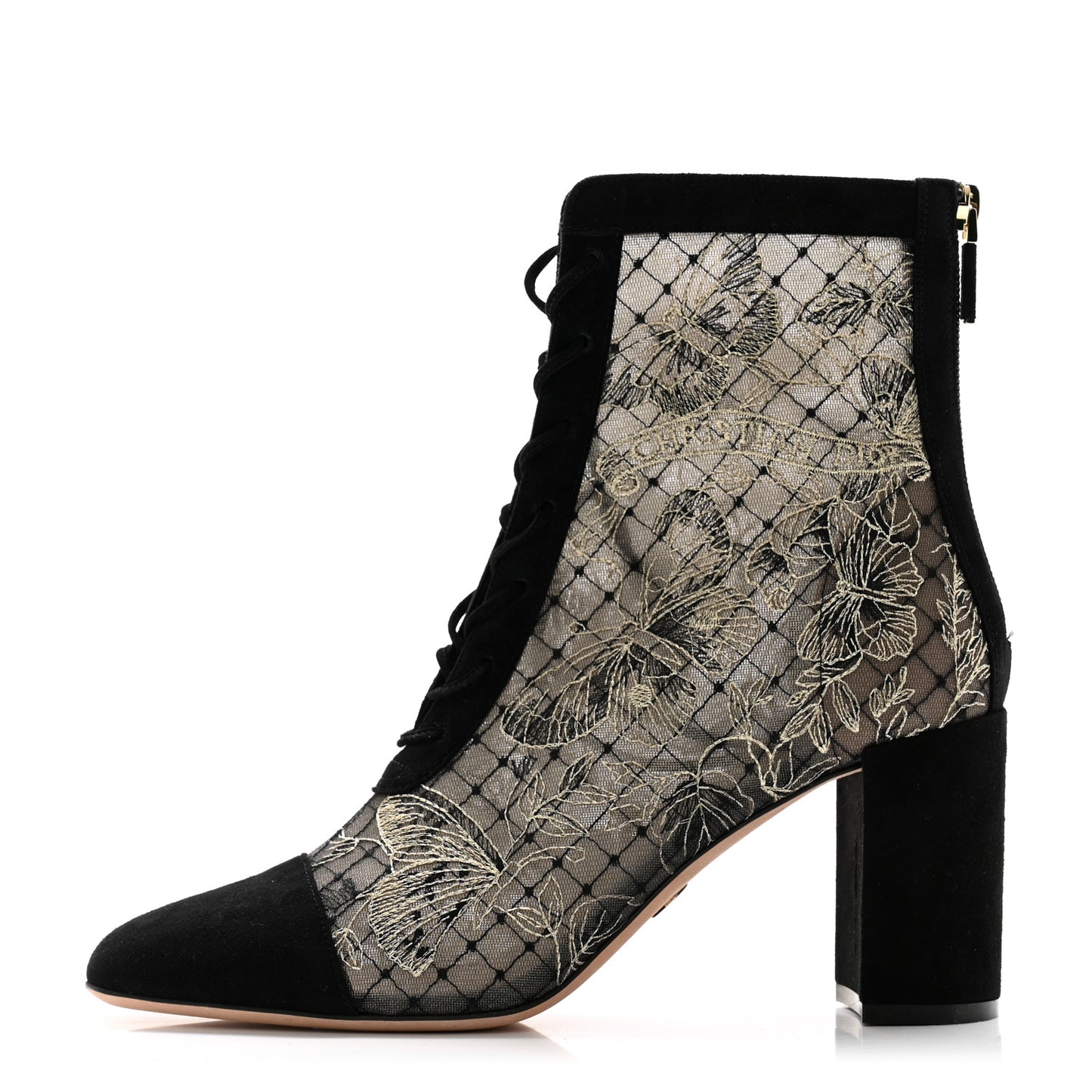 Suede Lurex Butterfly Embroidered Naughtily-D Heeled Ankle Boots 38 Black Gold