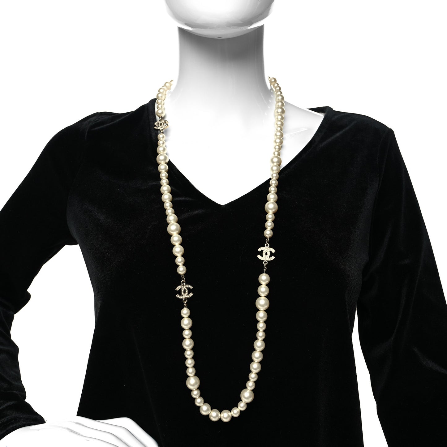 Graduated Pearl Crystal CC Long Necklace Light Gold
