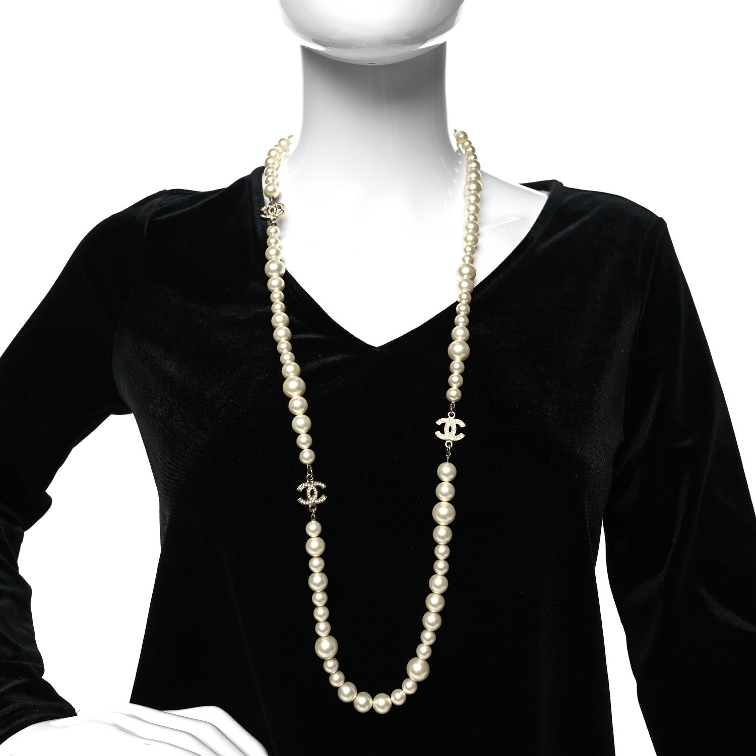 Chanel Graduated Pearl Crystal CC Long Necklace Light Gold 2 of 5