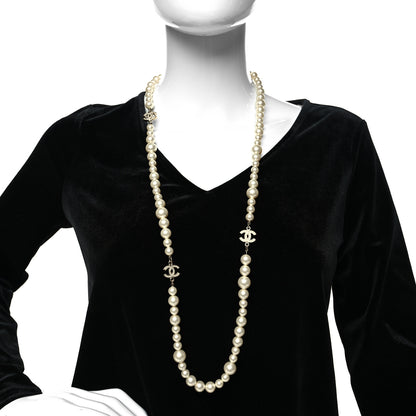 Chanel Graduated Pearl Crystal CC Long Necklace Light Gold 2 of 5