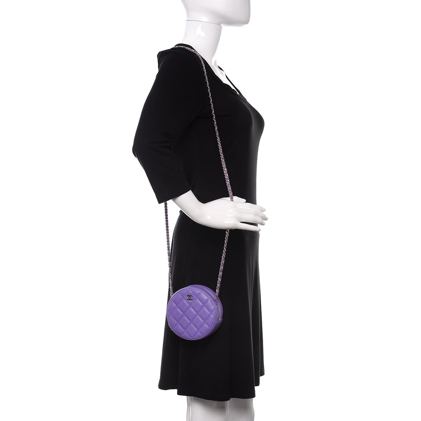 Caviar Quilted Round Clutch With Chain Purple