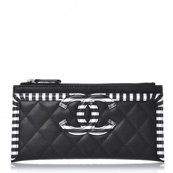 Caviar Quilted Stripe Filigree Zip Pouch Black White