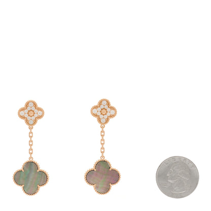Van Cleef & Arpels 18K Rose Gold Diamond Grey Mother of Pearl Magic Alhambra 2 Motifs Earrings 2 of 5
