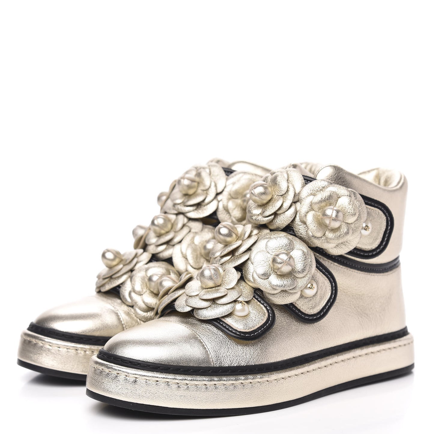 Metallic Lambskin Camellia High Top Sneakers 36 Gold