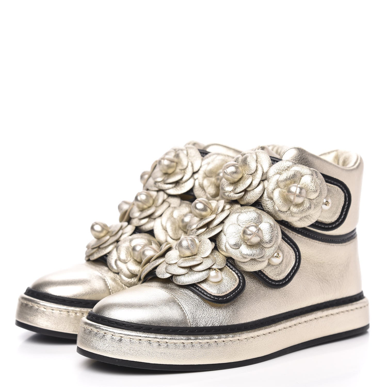 Chanel Metallic Lambskin Camellia High Top Sneakers 36 Gold 3 of 9