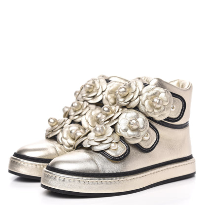 Chanel Metallic Lambskin Camellia High Top Sneakers 36 Gold 3 of 9