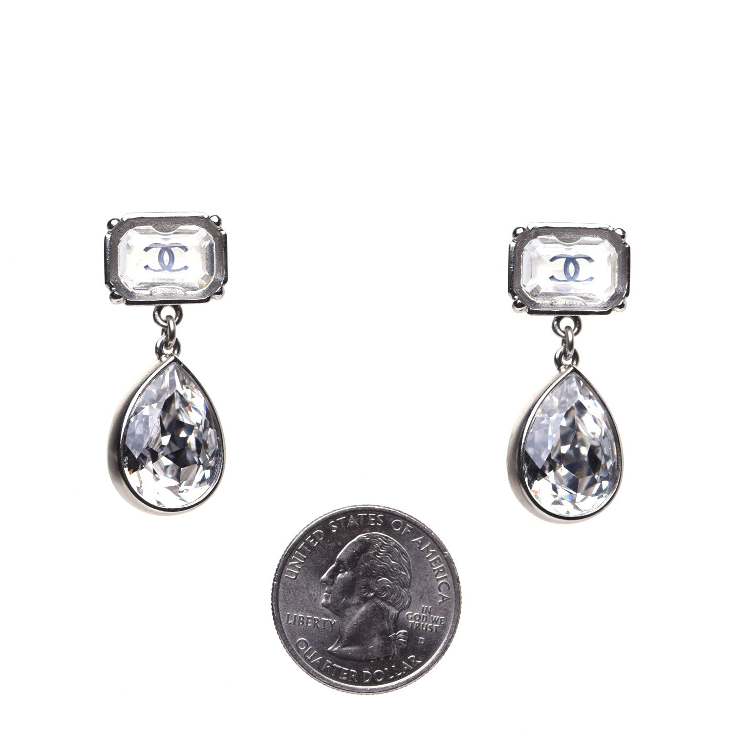 Chanel Crystal CC Tear Drop Earrings Silver 2 of 8