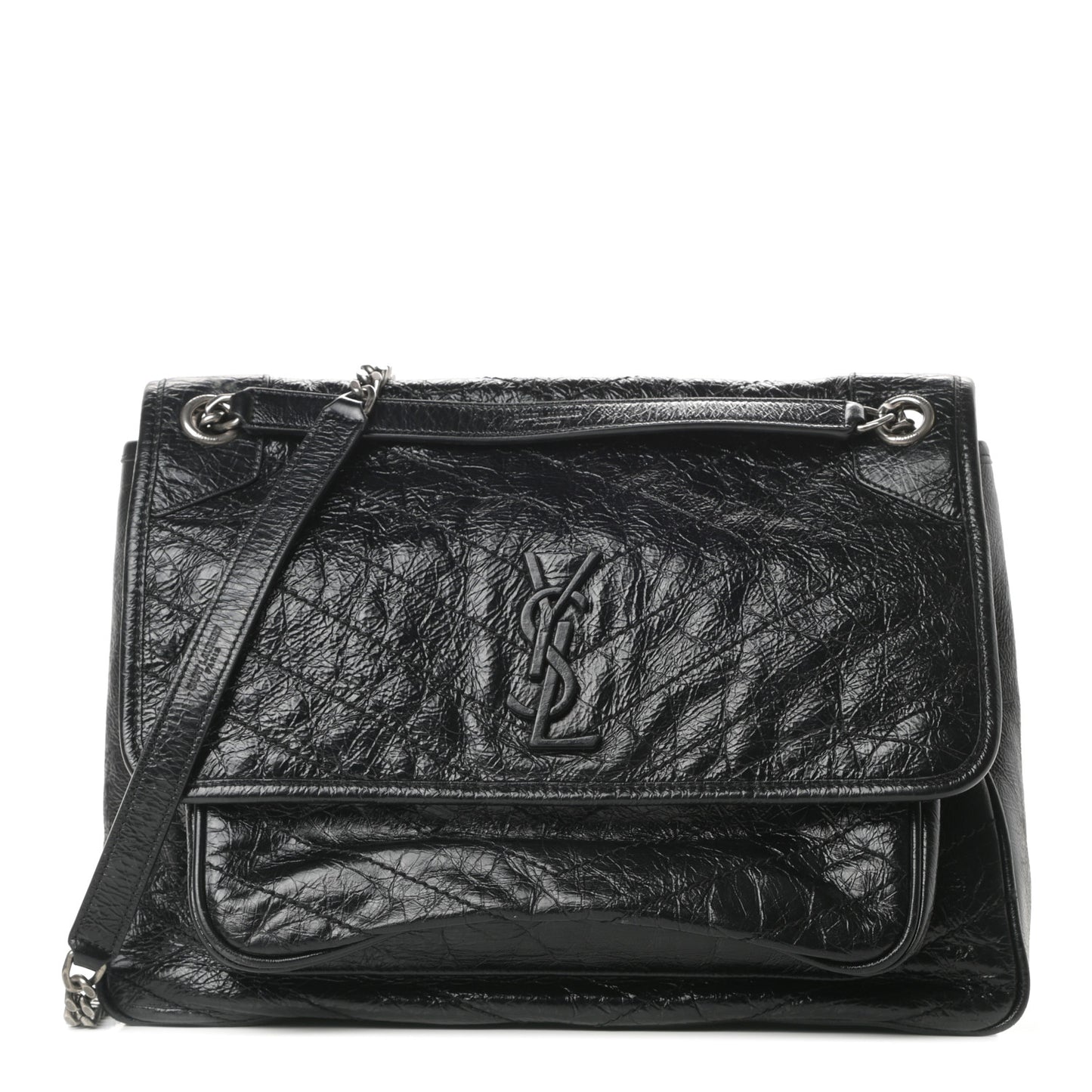 Crinkled Calfskin Matelasse Monogram Large Niki Chain Satchel Black