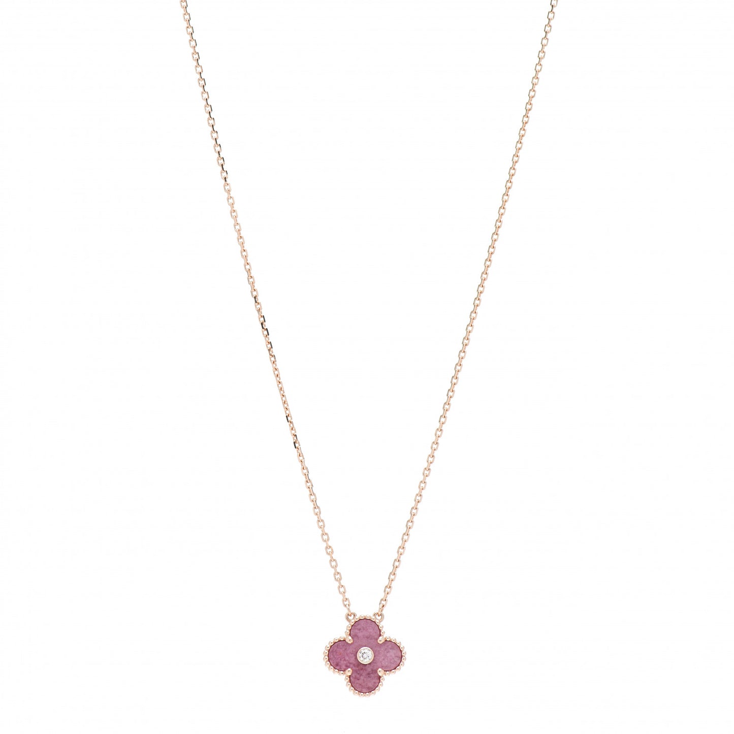 18K Rose Gold Diamond Rhodonite Vintage Alhambra Pendant Necklace
