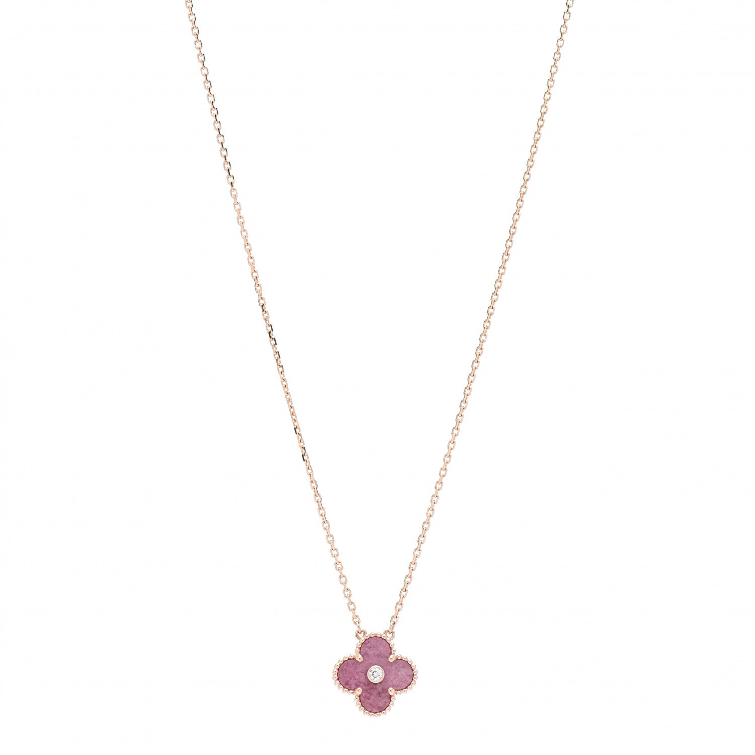 Van Cleef & Arpels 18K Rose Gold Diamond Rhodonite Vintage Alhambra Pendant Necklace 1 of 5