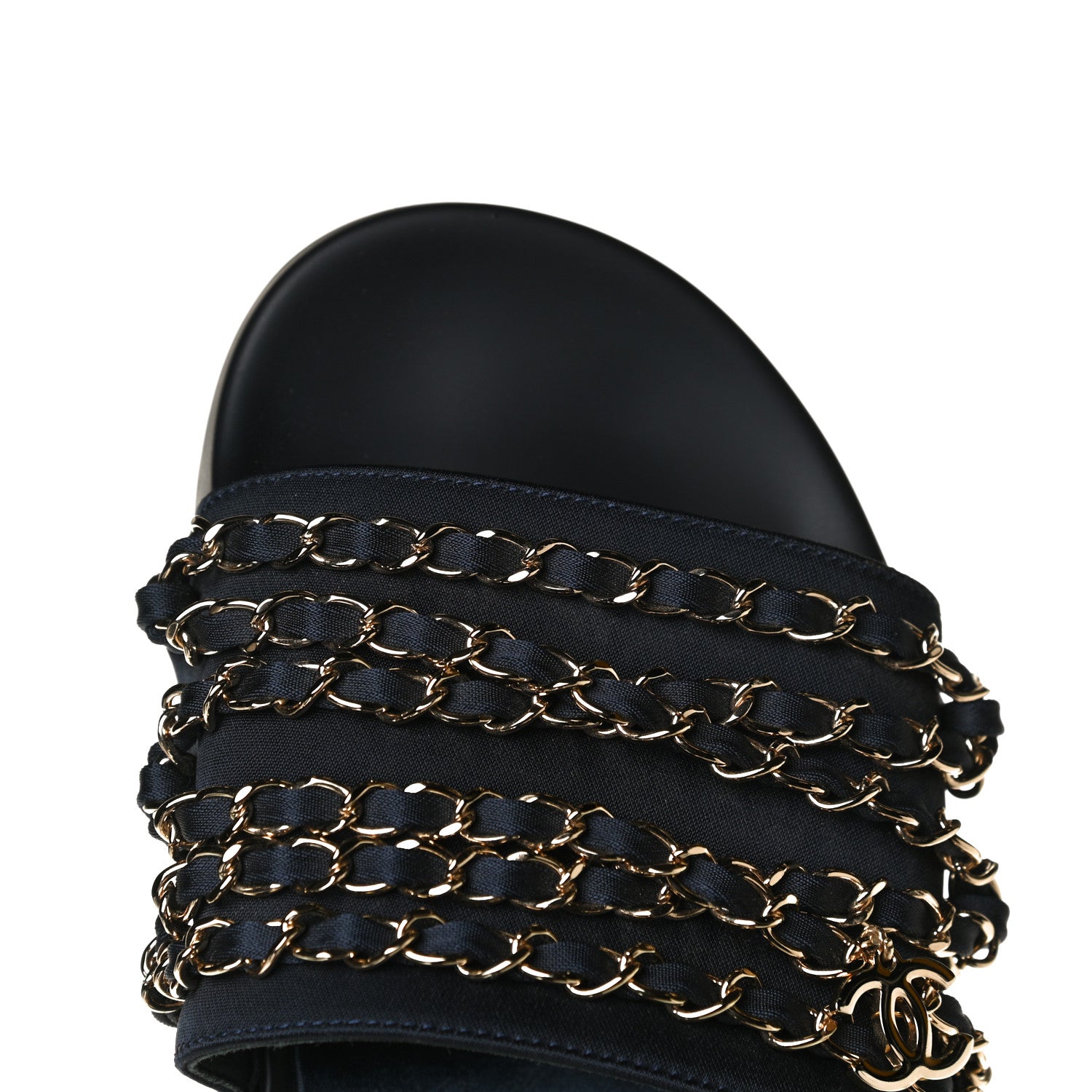 Chanel Satin Canvas Chain Slides Sandals Flats 40 Marine 11 of 13