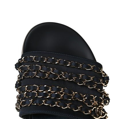 Chanel Satin Canvas Chain Slides Sandals Flats 40 Marine 11 of 13
