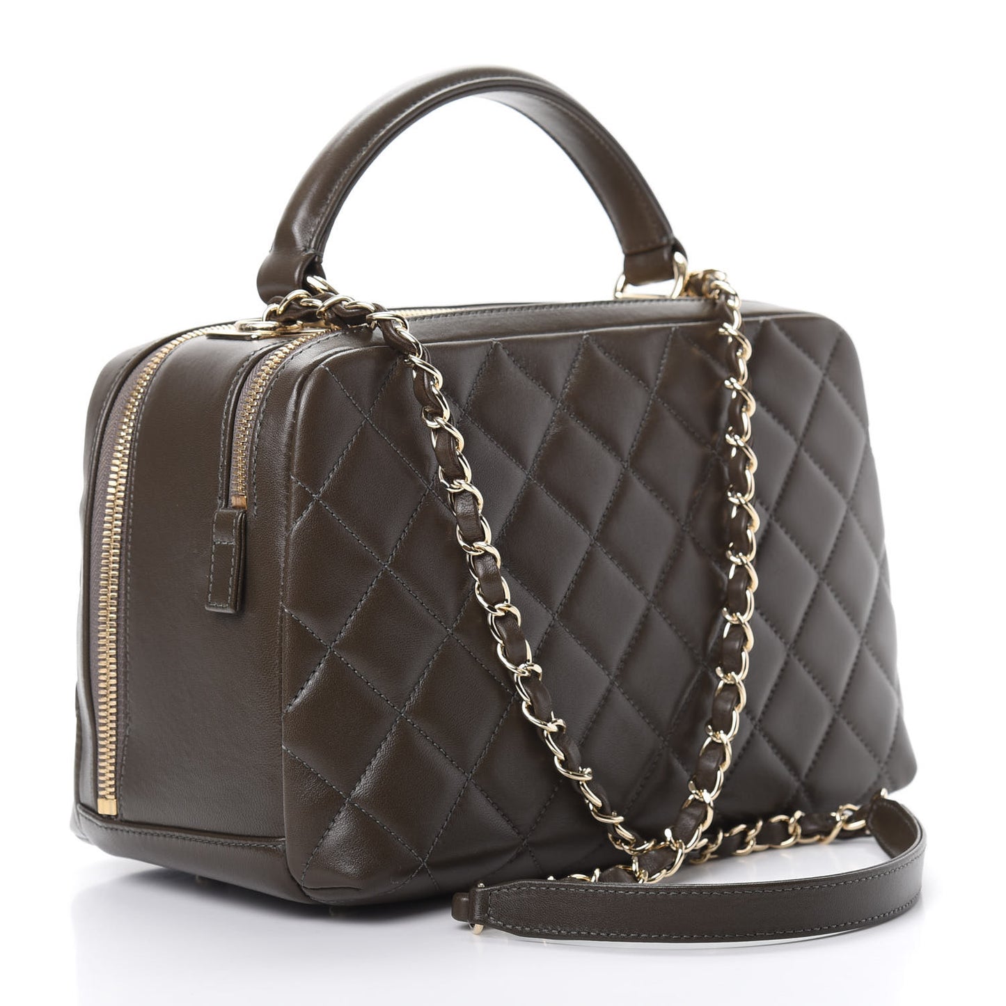 Lambskin Quilted Medium Trendy CC Bowling Bag Dark Khaki