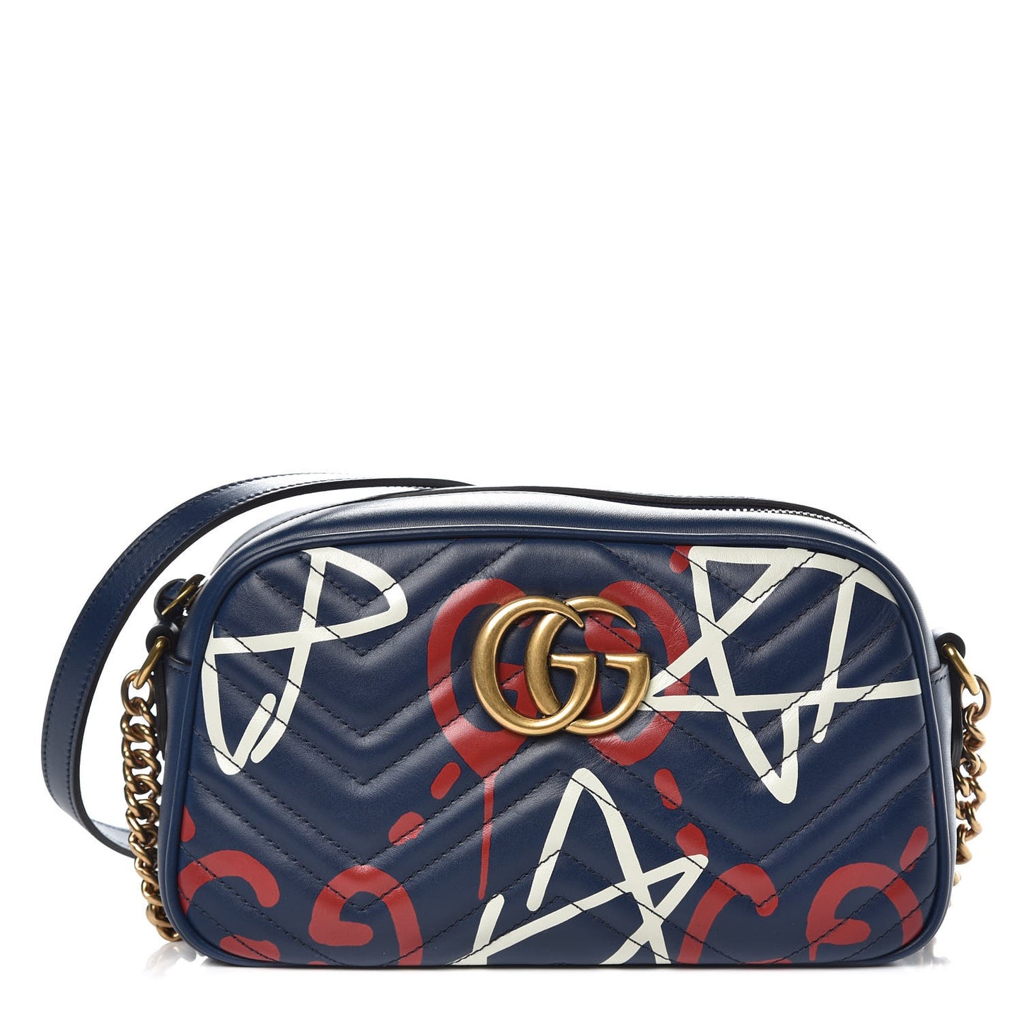 Calfskin Matelasse GucciGhost Small GG Marmont Chain Shoulder Bag Blue Agata Hibiscus Red