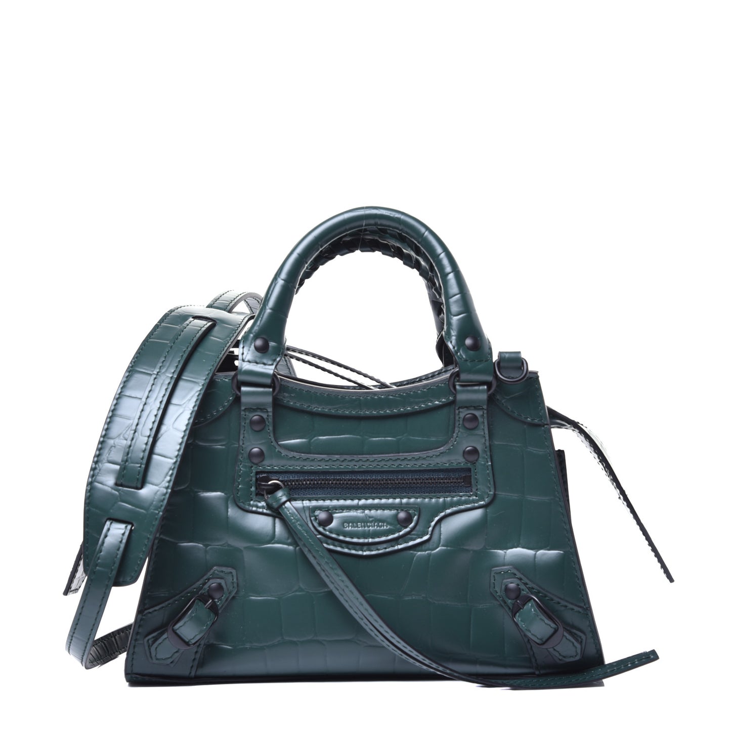 Semi Shiny Calfskin Crocodile Embossed Neo Classic Black Hardware Mini City Forest Green