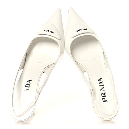 Prada Calfskin Triangle Logo Pointed Toe 75mm Slingback Pumps 36.5 White 2 of 8