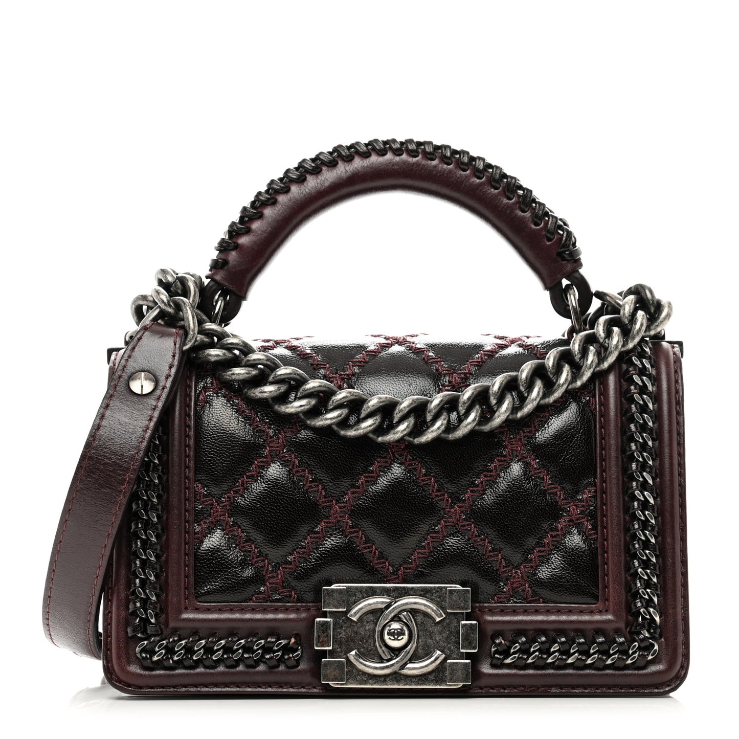 Shiny Goatskin Quilted Small Boy Top Handle Flap Burgundy