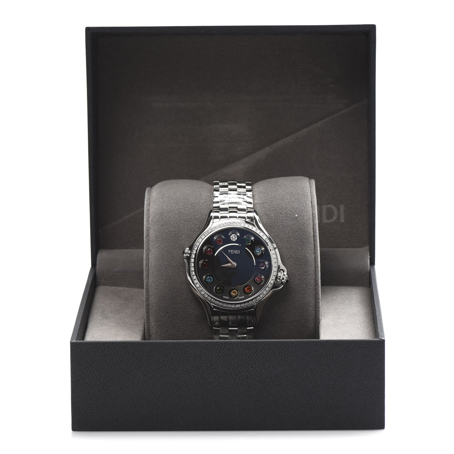 Fendi Stainless Steel Diamond Bezel Topaz 38mm Crazy Carats Quartz Watch Black 9 of 10