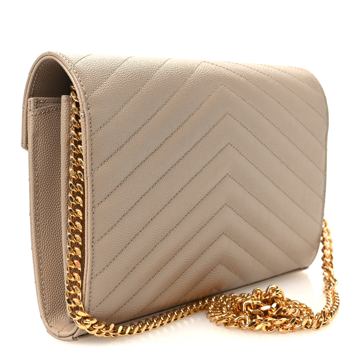 Saint Laurent Grain De Poudre Matelasse Chevron Monogram Chain Wallet Dark Beige 3 of 11