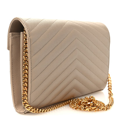 Saint Laurent Grain De Poudre Matelasse Chevron Monogram Chain Wallet Dark Beige 3 of 11