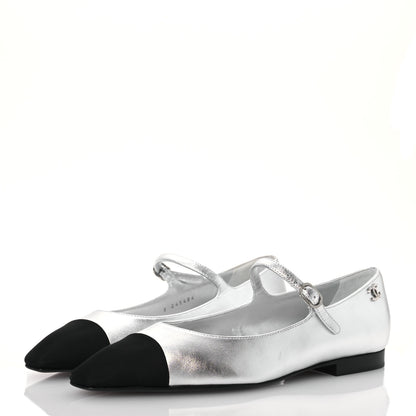 Chanel Laminated Calfskin Grosgrain Mary Janes Flats 37 Silver Black 3 of 12