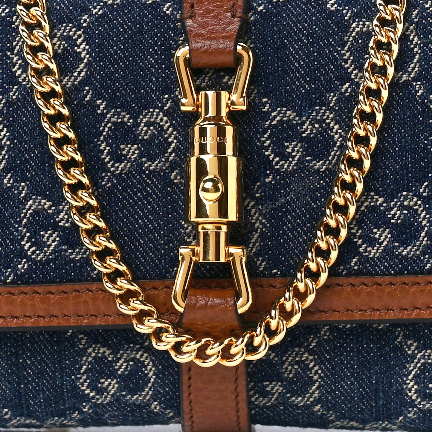 New Denim GG Monogram Jackie 1961 Chain Wallet Blue Tea Cuir