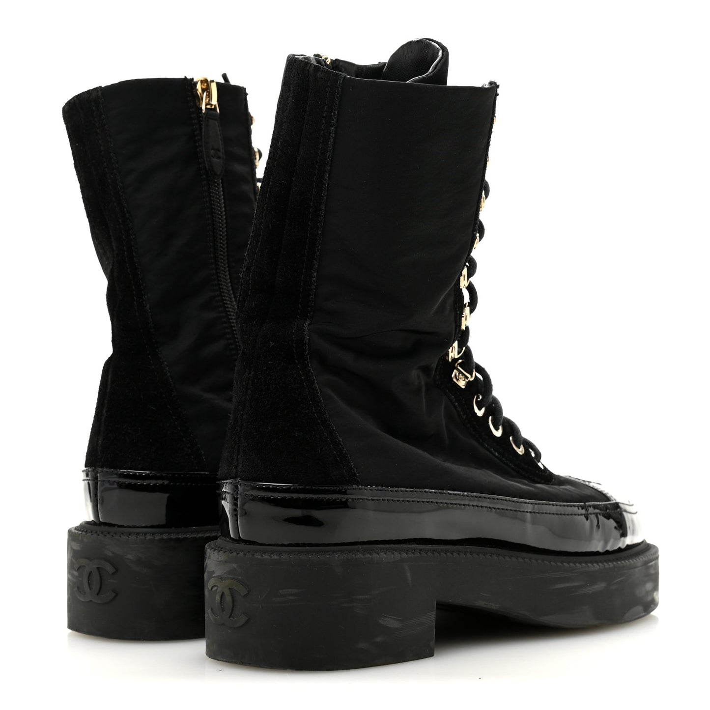 Nylon Suede Patent Calfskin Womens CC Lace Up Boots 36.5 Black