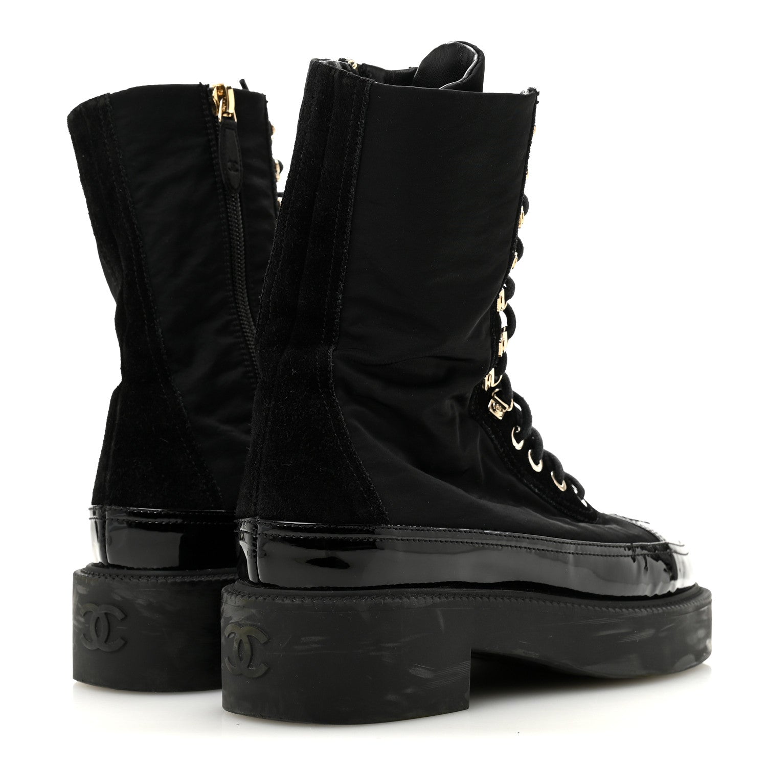 Chanel Nylon Suede Patent Calfskin Womens CC Lace Up Boots 36.5 Black 5 of 9