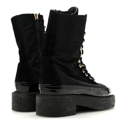 Chanel Nylon Suede Patent Calfskin Womens CC Lace Up Boots 36.5 Black 5 of 9