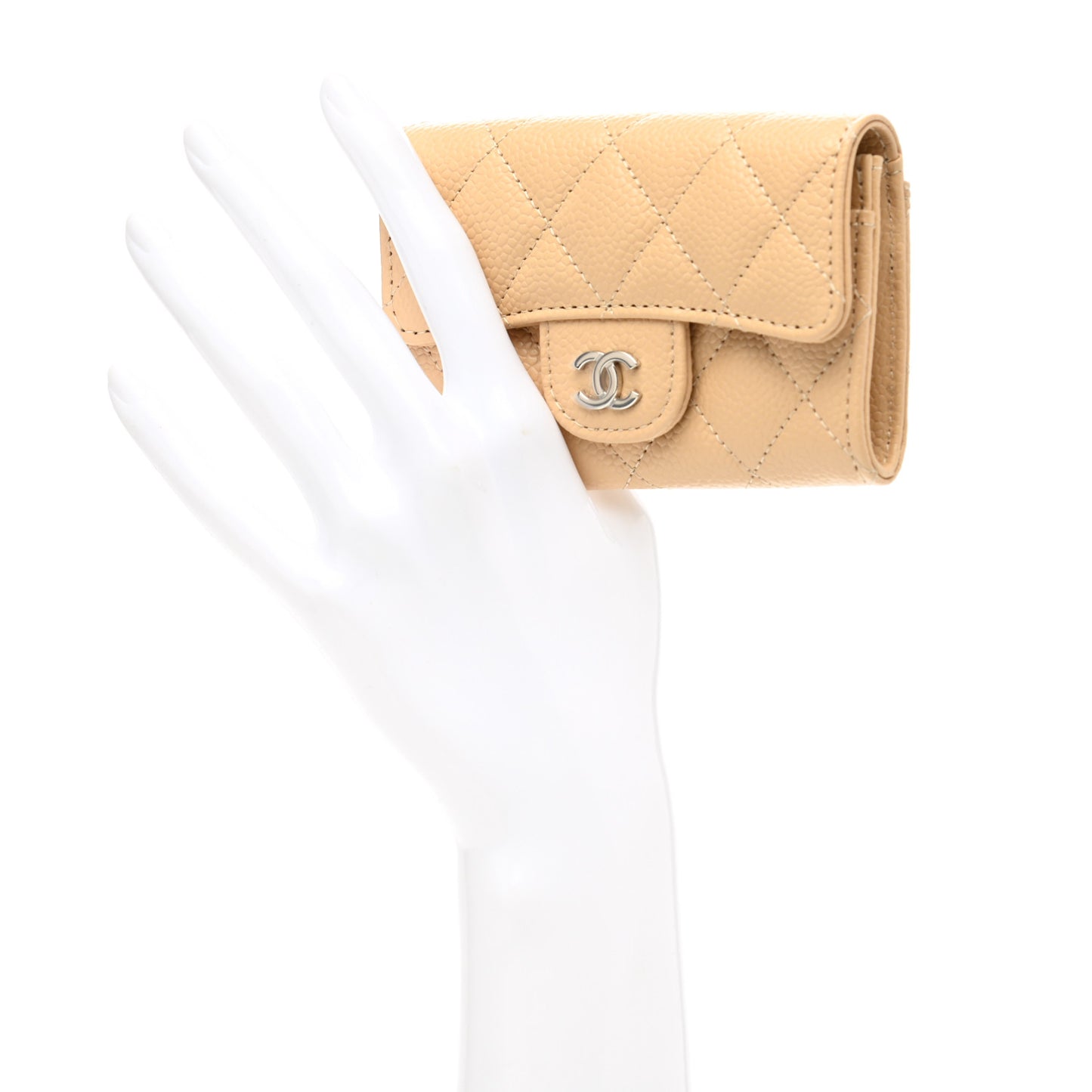 Caviar Quilted Flap Card Holder Wallet Light Beige