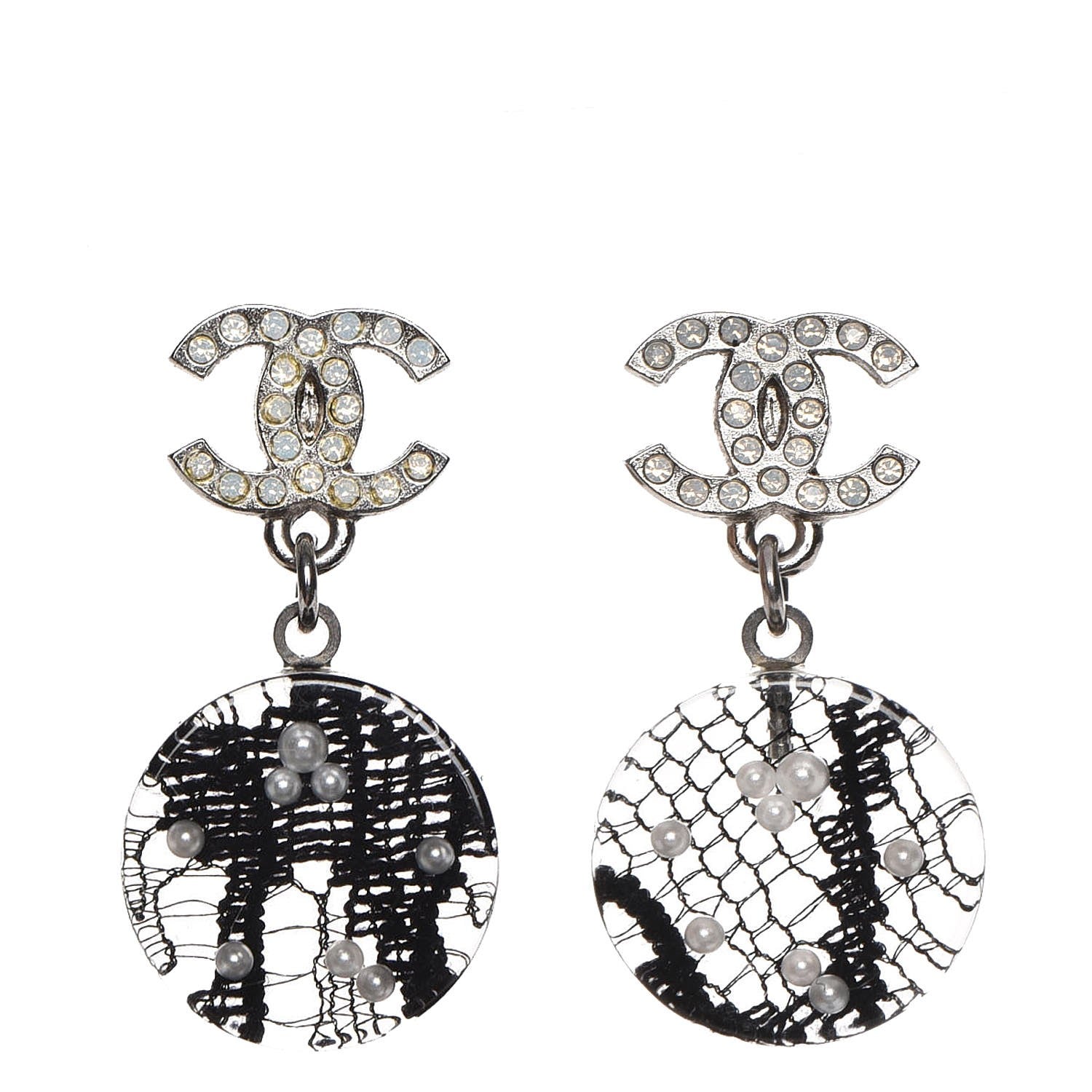 Chanel Resin Crystal Pearl Lace CC Drop Earrings Black Silver 1 of 6