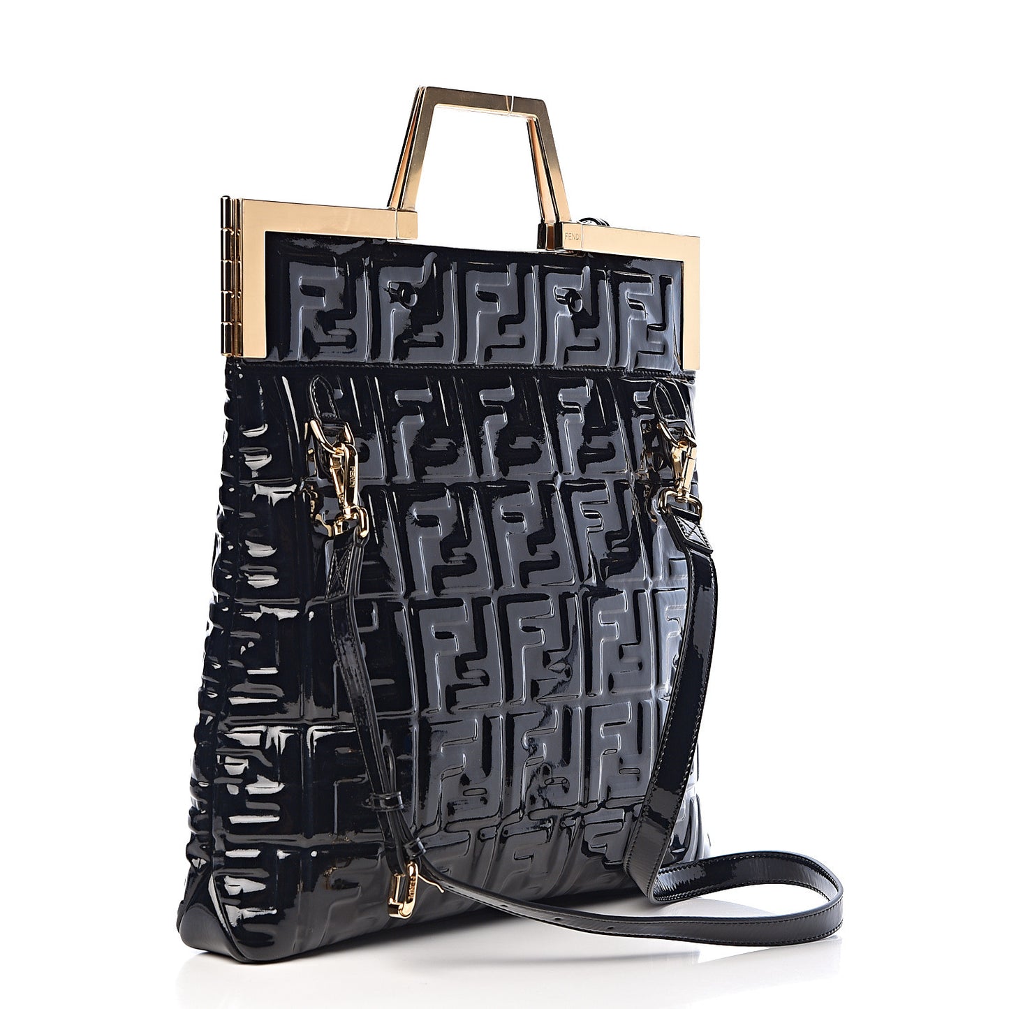 Patent FF 1974 Embossed Medium Shopping Flap Bag Black