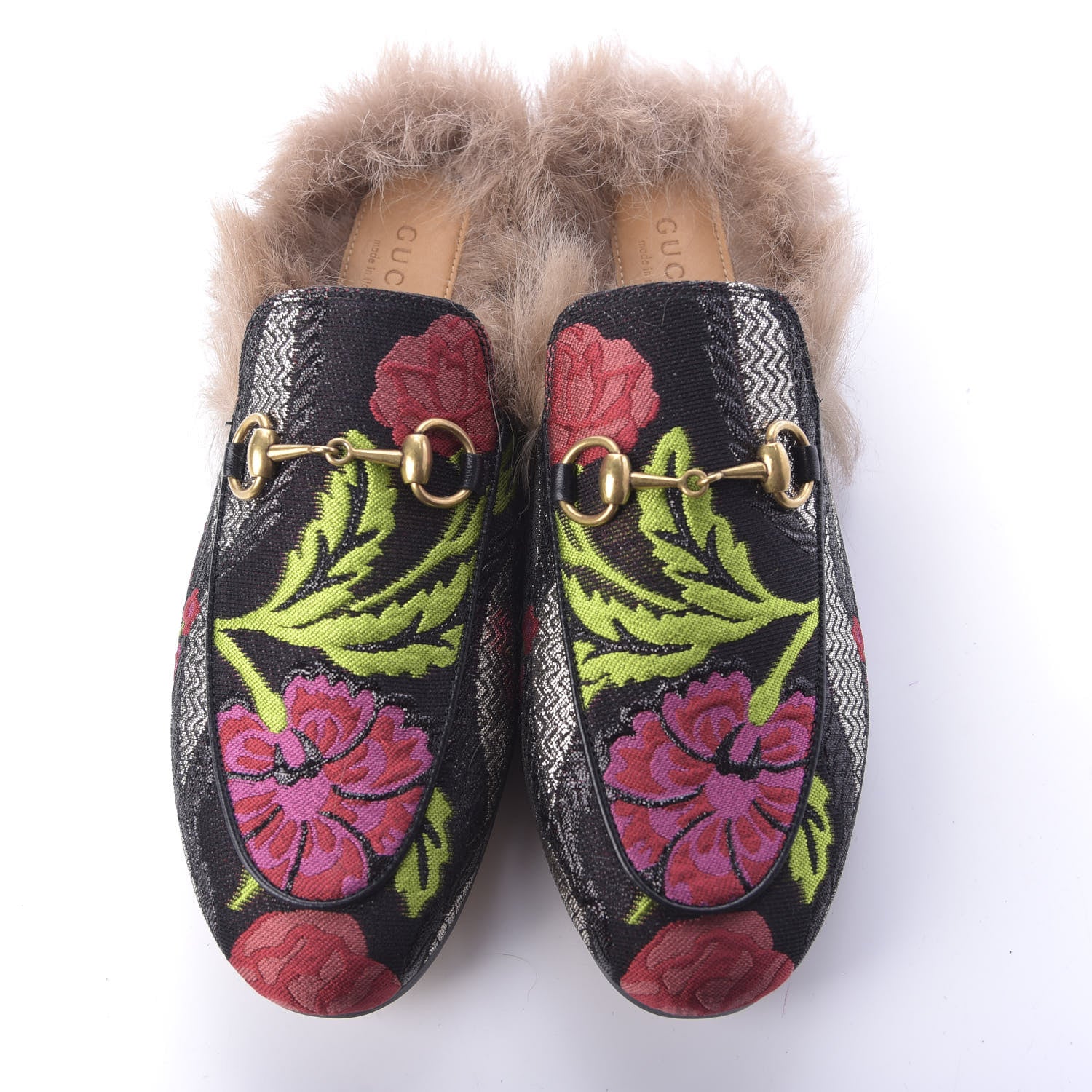 Gucci Brocade Fur Floral Womens Princetown Slippers 36 Black Anthracite 6 of 10