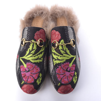 Gucci Brocade Fur Floral Womens Princetown Slippers 36 Black Anthracite 6 of 10