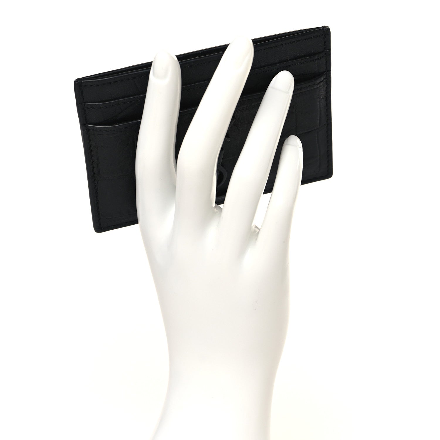 Saint Laurent Calfskin Crocodile Embossed Monogram Credit Card Case Black 2 of 8