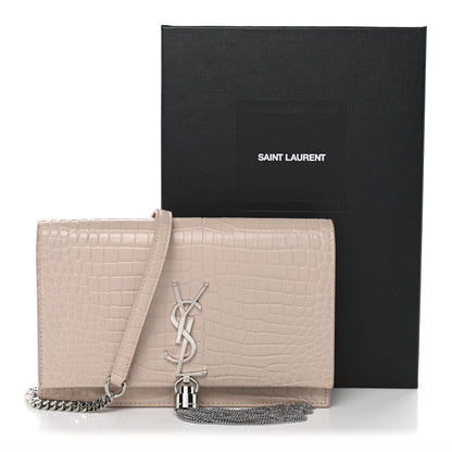 Saint Laurent Calfskin Crocodile Embossed Kate Monogram Tassel Chain Wallet Marble Pink 13 of 13